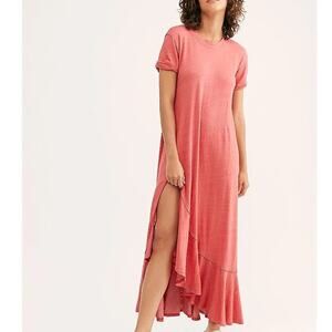 Free People FP Beach Havana Tee Coral Pink Knit High Slit Waterfall Maxi Dress